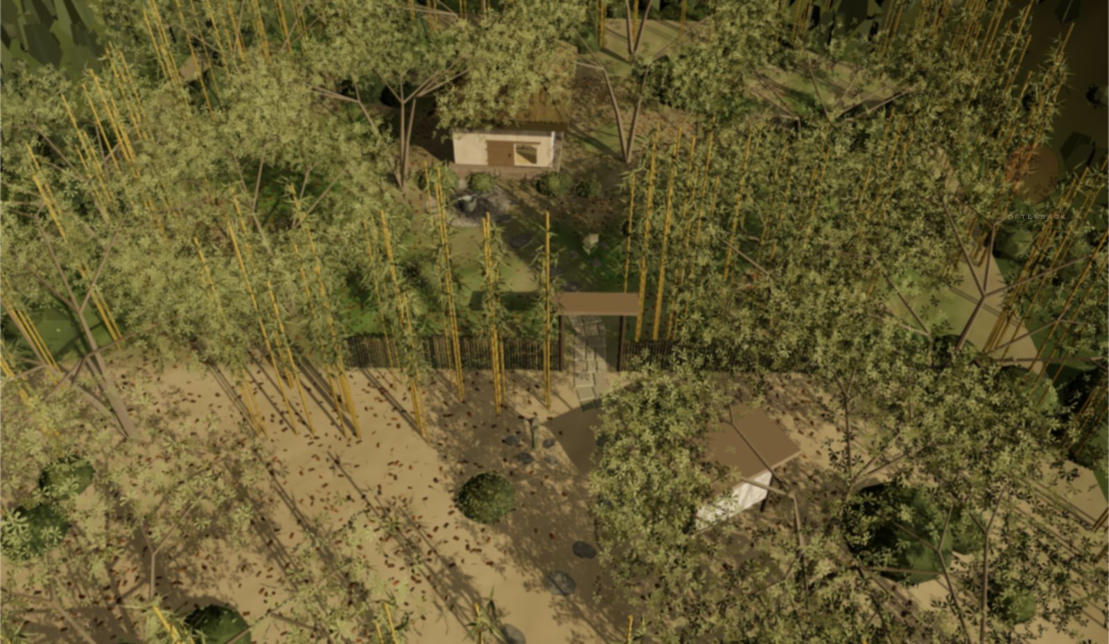 The roji seen from above: a path of stepping stones
                   through bamboo, a middle gate, a waiting shelter, and the
                   tea house at the far end with its lamp lit.